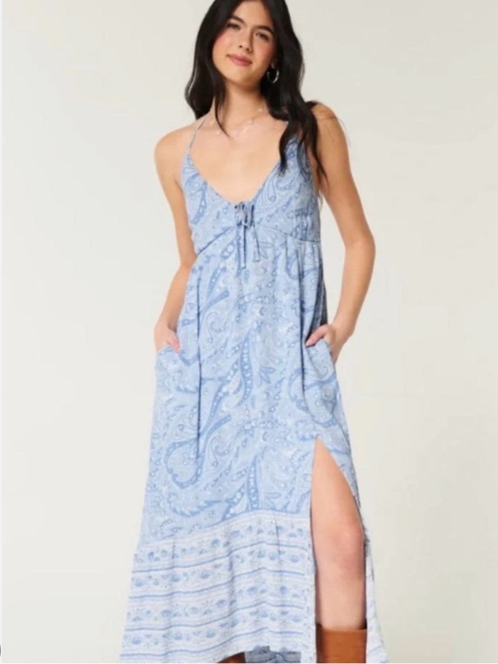 Hollister Light Blue Paisley Halter Maxi Dress with Side Slit